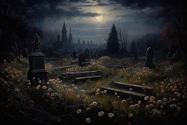 ciemny cmentarz z pełnym księżycem na tle