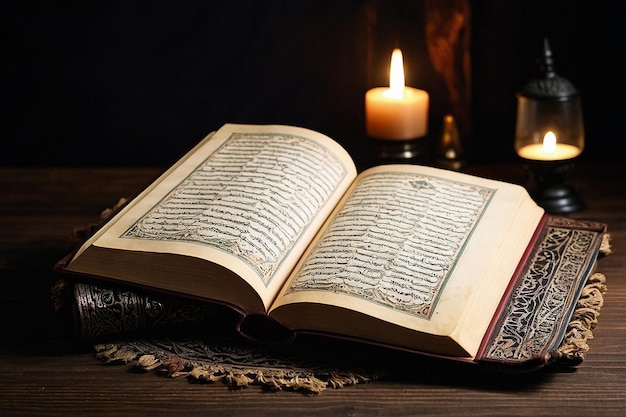 Zdjęcie ciemny drewniany placemat z otwartym zdjęciem koranu