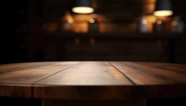 Ciemny drewniany pusty stół do wyświetlania produktów z rozmytym tłem salonu Generacyjna sztuczna inteligencja