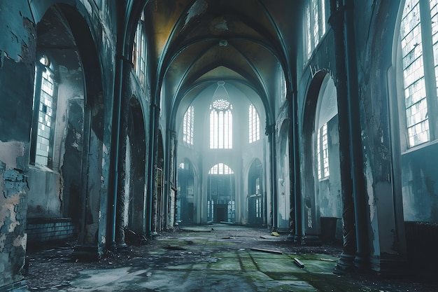 Ciemny gotycki opuszczony starożytny wnętrze kaplicy z wysokimi oknami i kolumnami mgliste i puste