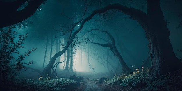 Ciemny i nastrojowy las z mgłą i generatywną sztuczną inteligencją