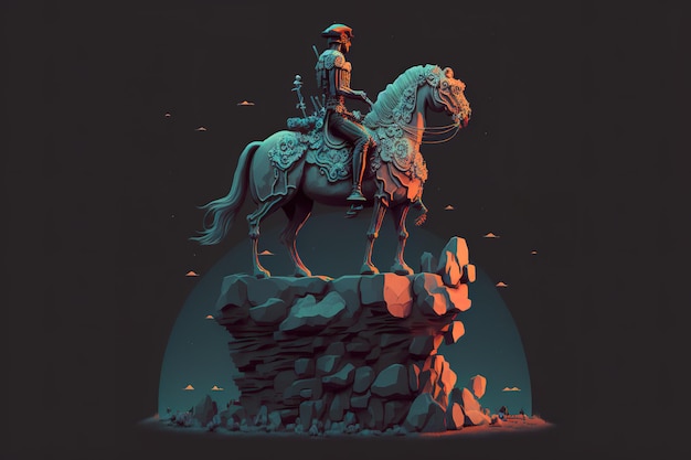 Ciemny jeździec na koniu stoi na skalnej ciemnej ilustracji fantasy
