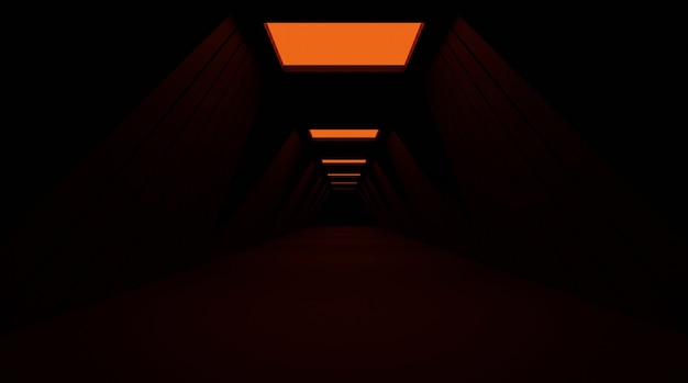 Ciemny korytarz nadaje mu nowoczesnego charakteru dzięki pomarańczowym neonom. Renderowanie 3D