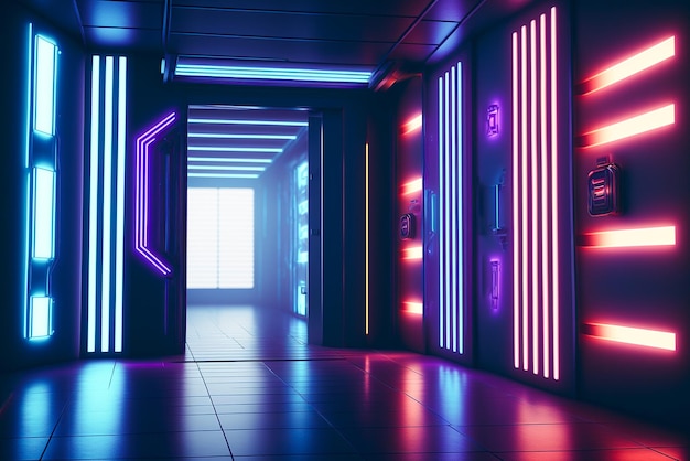 Ciemny korytarz z neonowymi światłami i napisem „czas jest 1”