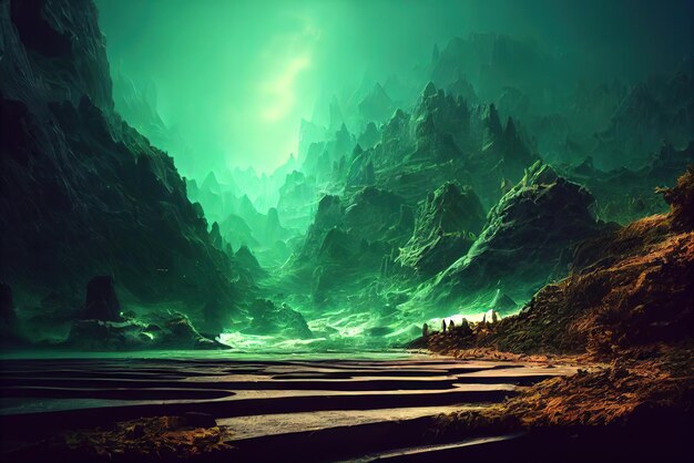 Ciemny krajobraz gór widziany z jaskini Grafika koncepcyjna Malarstwo cyfrowe Ilustracja fantasy