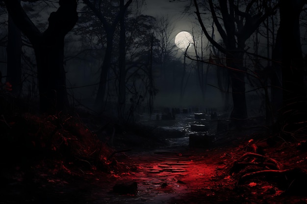 ciemny las z czerwonym księżycem w tle halloween
