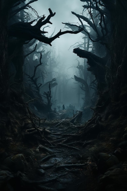 ciemny las z drzewami i martwymi gałęziami