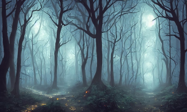 Ciemny mistyczny las straszne zakrzywione drzewa Poranna mgła w gęstym lesie Ścieżka przez ponury zalesiony obszar ilustracja 3d