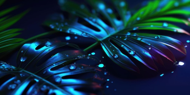 Ciemny neon Światłe liście palmowe i krople Woda dramatyczny efekt fotograficzny Realizm tła realistyczny hiper realistyczny Generatywny AI weber