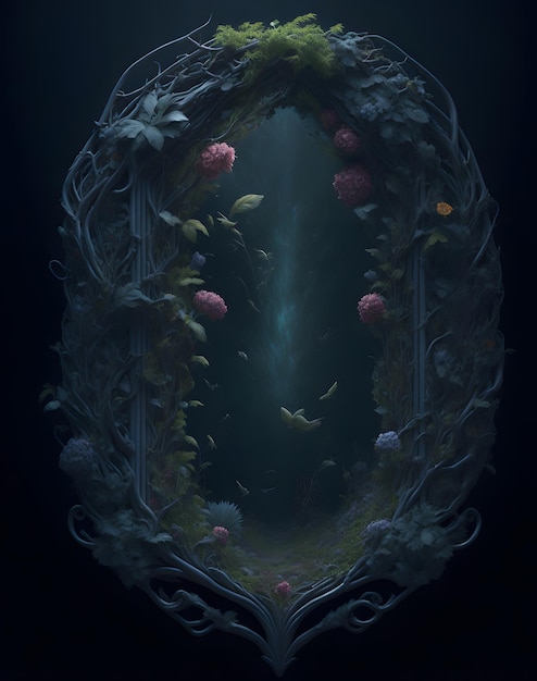 Ciemny obraz drzwi z rośliną w środku.