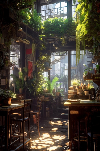 Ciemny obszar restauracji z roślinnością