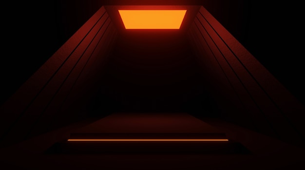 Ciemny pokój charakteryzuje się nowoczesnym wystrojem z pomarańczowymi neonami.
