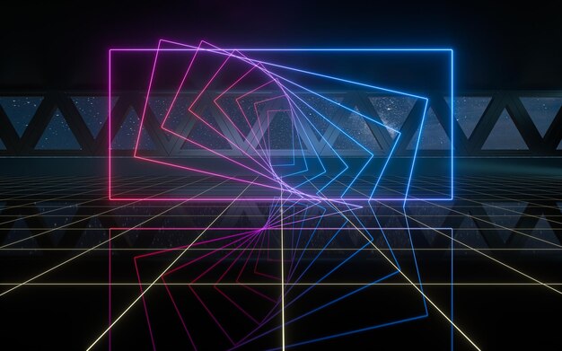 Ciemny pokój kosmiczny z renderowaniem 3d neonów