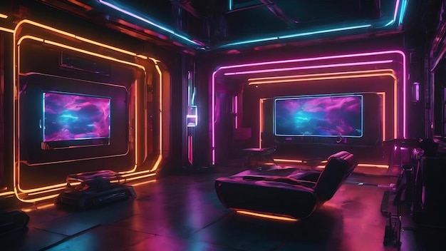 Ciemny pokój nowoczesny scifi z neonowymi światłami 3d rendering