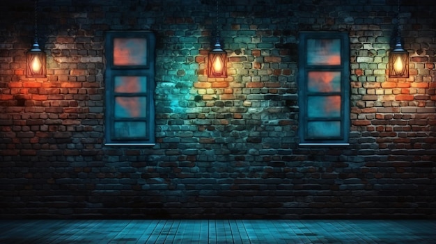 Ciemny pokój, stary ceglany mur ozdobiony nocną latarnią