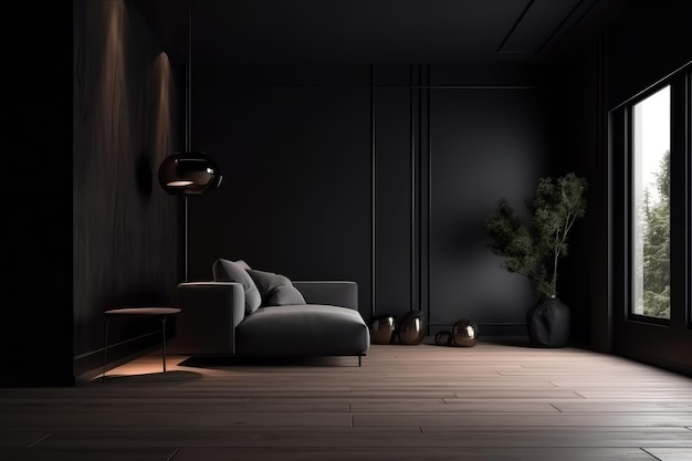 Ciemny pokój w domu z minimalnymi meblami i pustą ścianą generowaną przez sztuczną inteligencję
