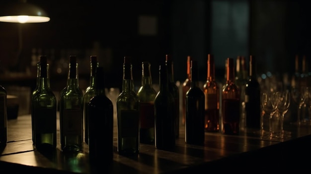 Zdjęcie ciemny pokój z butelkami wina i ciemnym tłem.