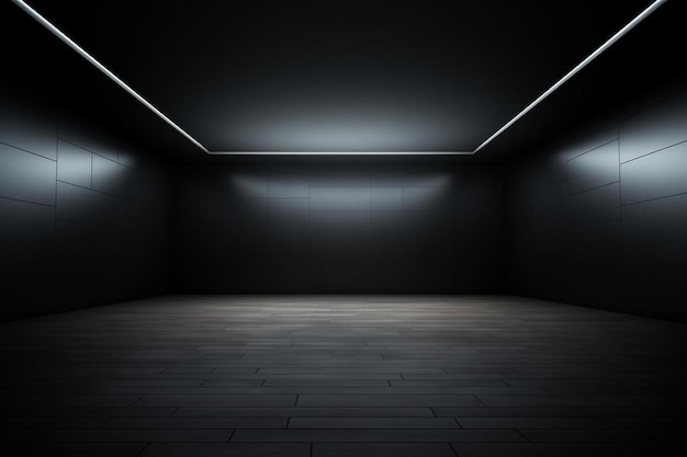 ciemny pokój z czarną ścianą i światłem na suficie
