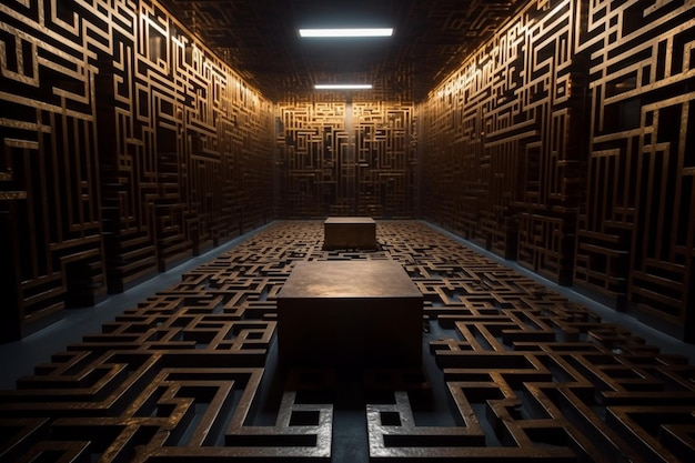 Ciemny pokój z drewnianym pudełkiem i pudełkiem z napisem „sekret”.