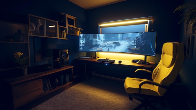 Ciemny pokój z dużym monitorem do gier