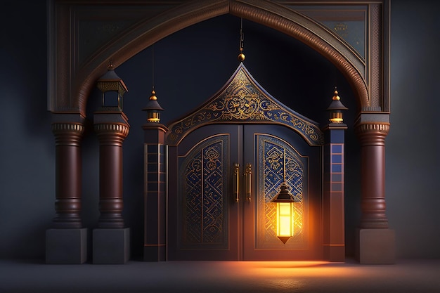 Ciemny pokój z dużymi drzwiami i latarnią z napisem 'al - mubarak'.
