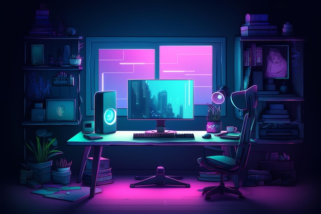 Ciemny pokój z komputerem i oknem z fioletowym światłem.