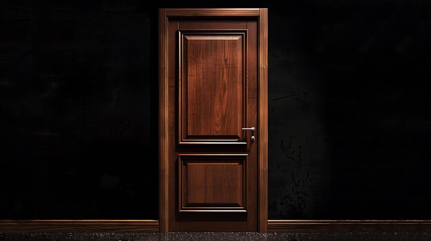 Ciemny pokój z pojedynczymi drewnianymi drzwiami Drzwi są wykonane z ciemnego drewna i mają metalowe klamry