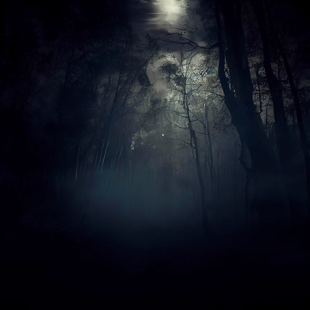 Ciemny, ponury las Noc w lesie Scena przyrody z lasem i światłem księżyca Nocny widok lasu Natura mgła smog dym