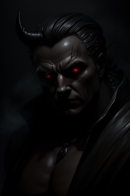 Ciemny portret wampira z czerwonymi oczami.