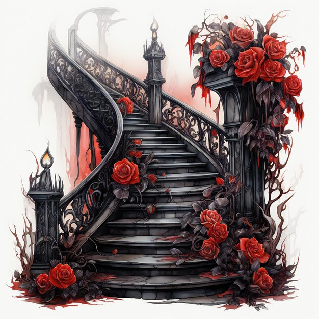 Ciemny projekt z różami gotycka sztuka graficzna gotycki klipart gotyckie schody