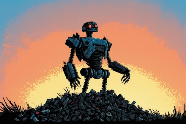 Ciemny robot chwytający mechaniczną kończynę na szczycie sterty złomu Koncepcja fantasy Malarstwo ilustracyjne Generatywna sztuczna inteligencja