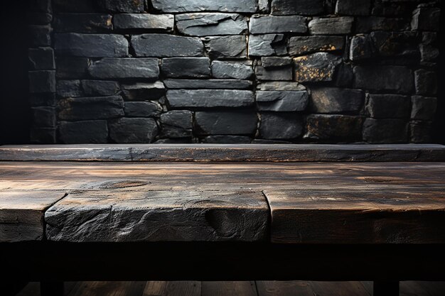 Zdjęcie ciemny rustykalny stół z czarną kamienną betonową ścianą