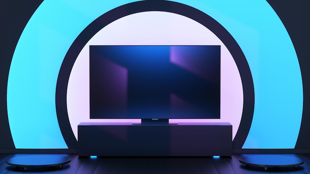 Ciemny salon z telewizorem na nocnym stoliku i niebieskie różowe światło za ilustracją renderingu 3D