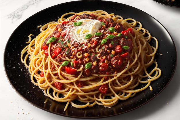 Ciemny talerz z włoskim spaghetti na ciemny