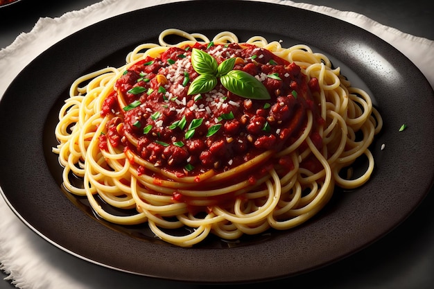 Ciemny talerz z włoskim spaghetti na ciemny