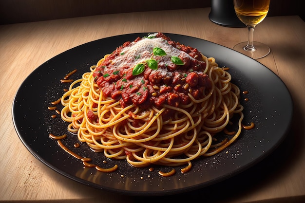 Ciemny talerz z włoskim spaghetti na ciemny