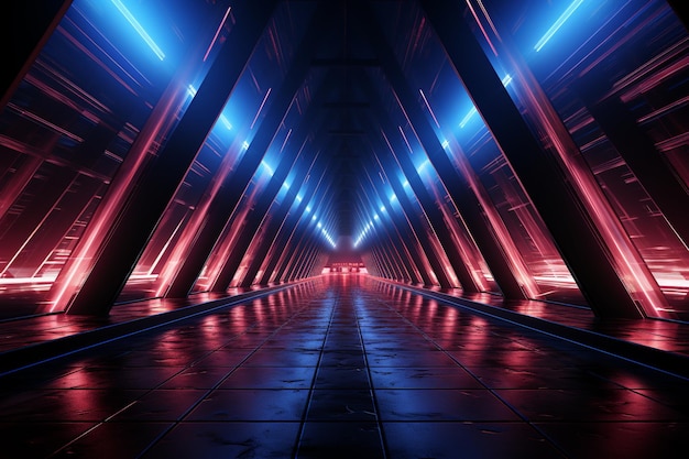 Ciemny tunel neonowy z niebieskimi i czerwonymi światłami w stylu Generative Ai