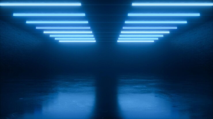 Zdjęcie ciemny tunel sci-fi z neonową poświatą i odbiciem na podłodze, tło dla pokazów produktów