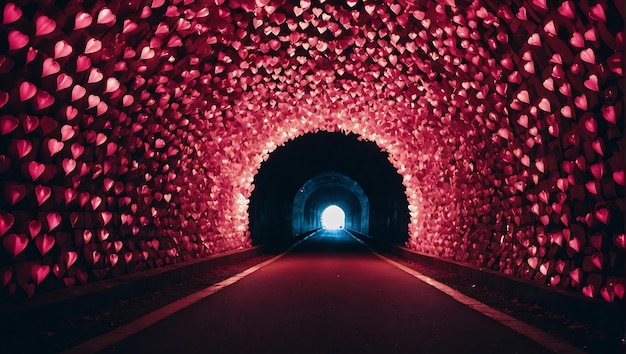 Zdjęcie ciemny tunel z różowym światłem w kształcie serca na końcu