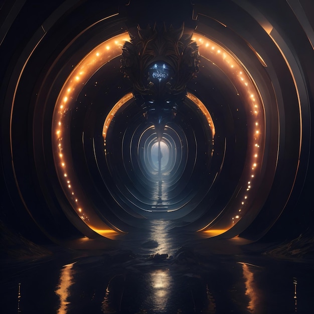 Zdjęcie ciemny tunel ze światłami na suficie i światłem na suficie.