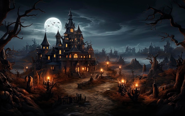 Zdjęcie ciemny zamek z pełnią księżyca w tle.