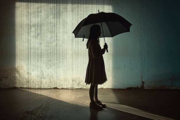 Cień dziewczyny trzymającej parasol w deszczu, reprezentujący ochronę i gotowość
