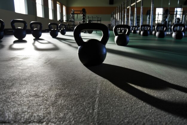 Cień odważników kettlebell na podłodze siłowni