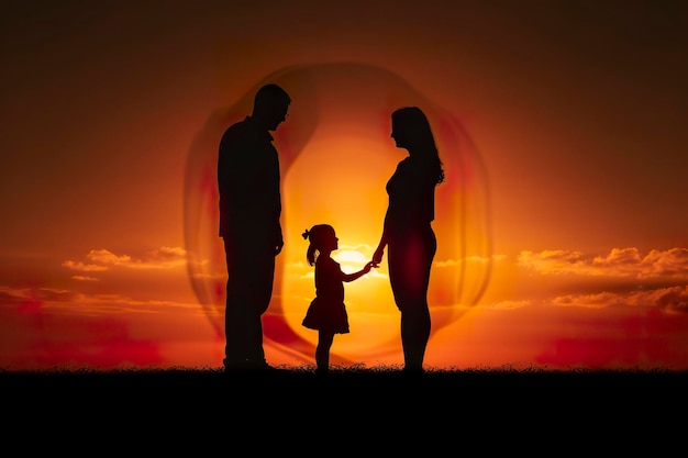 Cień szczęśliwej rodziny razem rodzice z małym dzieckiem o zachodzie słońca Sylwetka miłości i jedności AI Generative