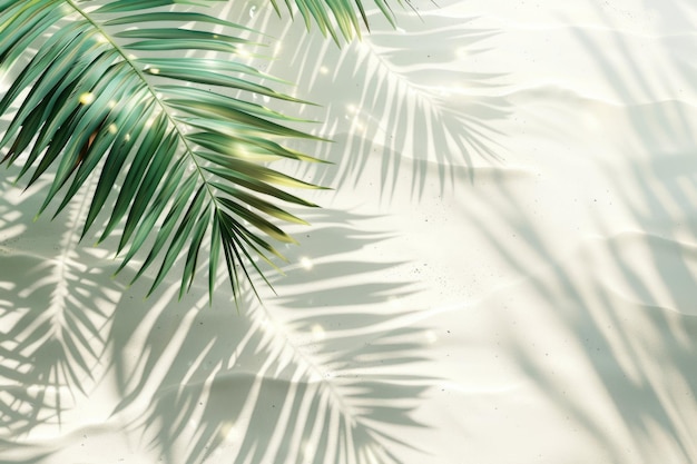 Cienie liści palm na białym piasku plaży w tle słonecznie oświetlonej wody