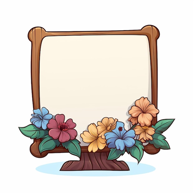 Zdjęcie cienki znak pojedyncza drewniana podstawa z kwiatami bez wiadomości w stylu kreskówki białe tło