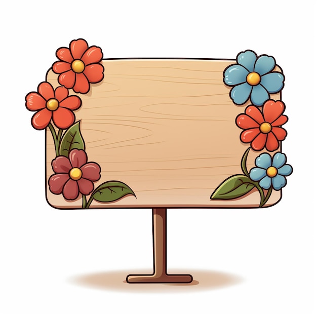 Cienki znak pojedyncza drewniana podstawa z kwiatami bez wiadomości w stylu kreskówki białe tło