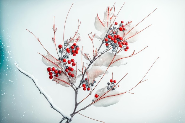 Cienkie gałązki z czerwonymi mrożonymi jagodami w śniegu