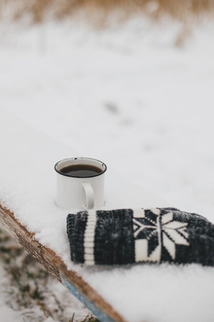 Ciepła Filiżanka Herbaty I Przytulne Rękawiczki Z Dzianiny W śniegu Na Drewnianej ławce W Winter Park Wanderlust