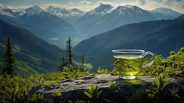Ciepła filiżanka herbaty z czajnikiem z liśćmi zielonej herbaty